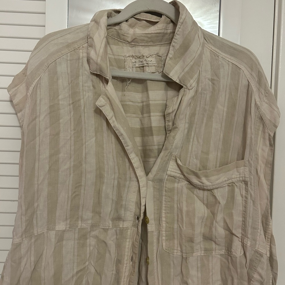 Striped Beige and White Button-Up Shirt